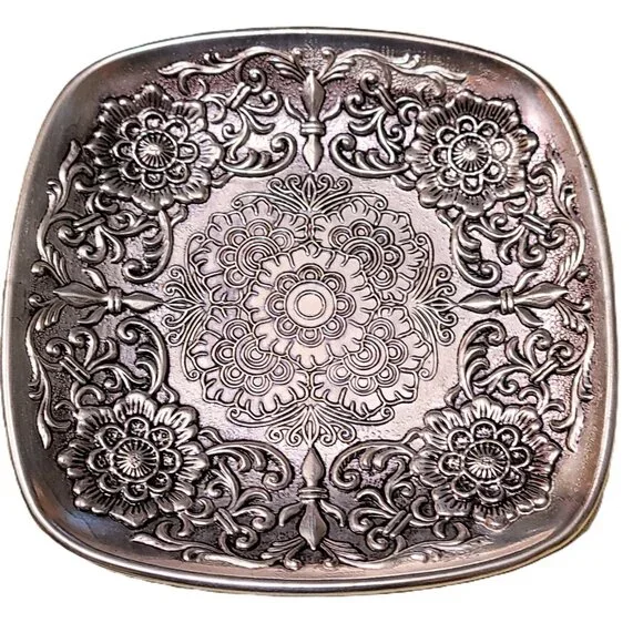 4 Vintage Pewter Saucer Tea Coffee Cups Floral Flower Glass Mug Dining Dinner - Picture 12 of 13